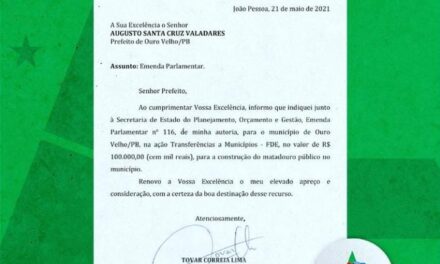 Prefeito de Ouro Velho anuncia destinação de emendas da senadora Daniella Ribeiro e do deputado estadual Tovar para o município