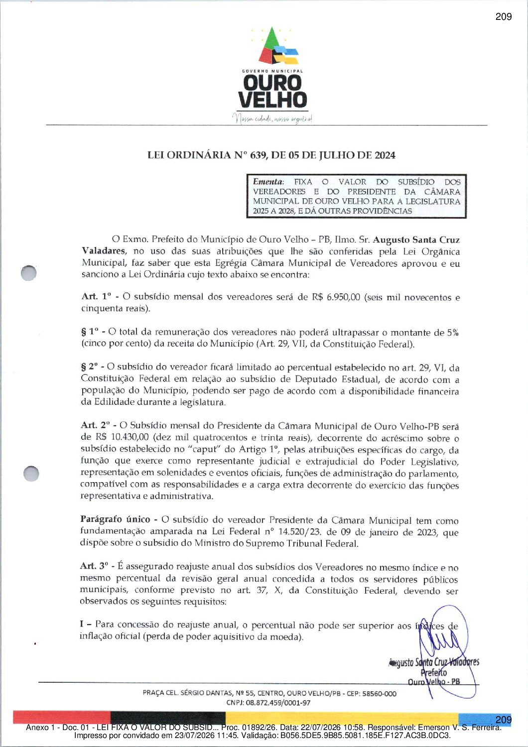 LEI ORDINÁRIA Nº 639, DE 05 DE JULHO DE 2024