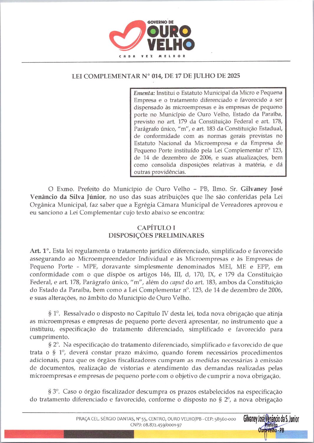 Lei Complementar nº 014, de 17 de julho de 2025 – Micro e Pequenas Empresas