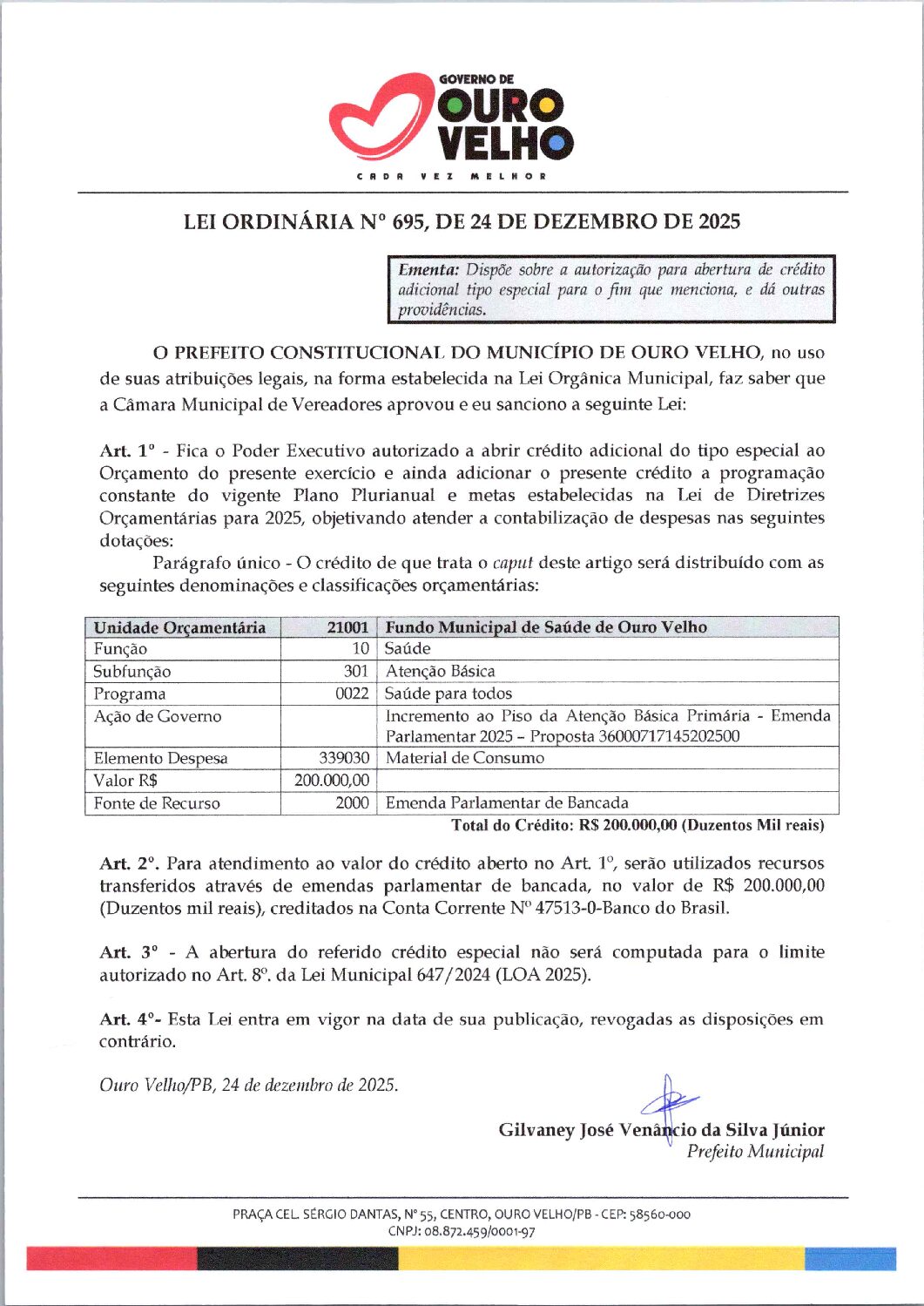 Lei-Ordinária-n-695-2025-Abertura-de-Crédito-Especial-Emenda-Parlamentar-Saúde