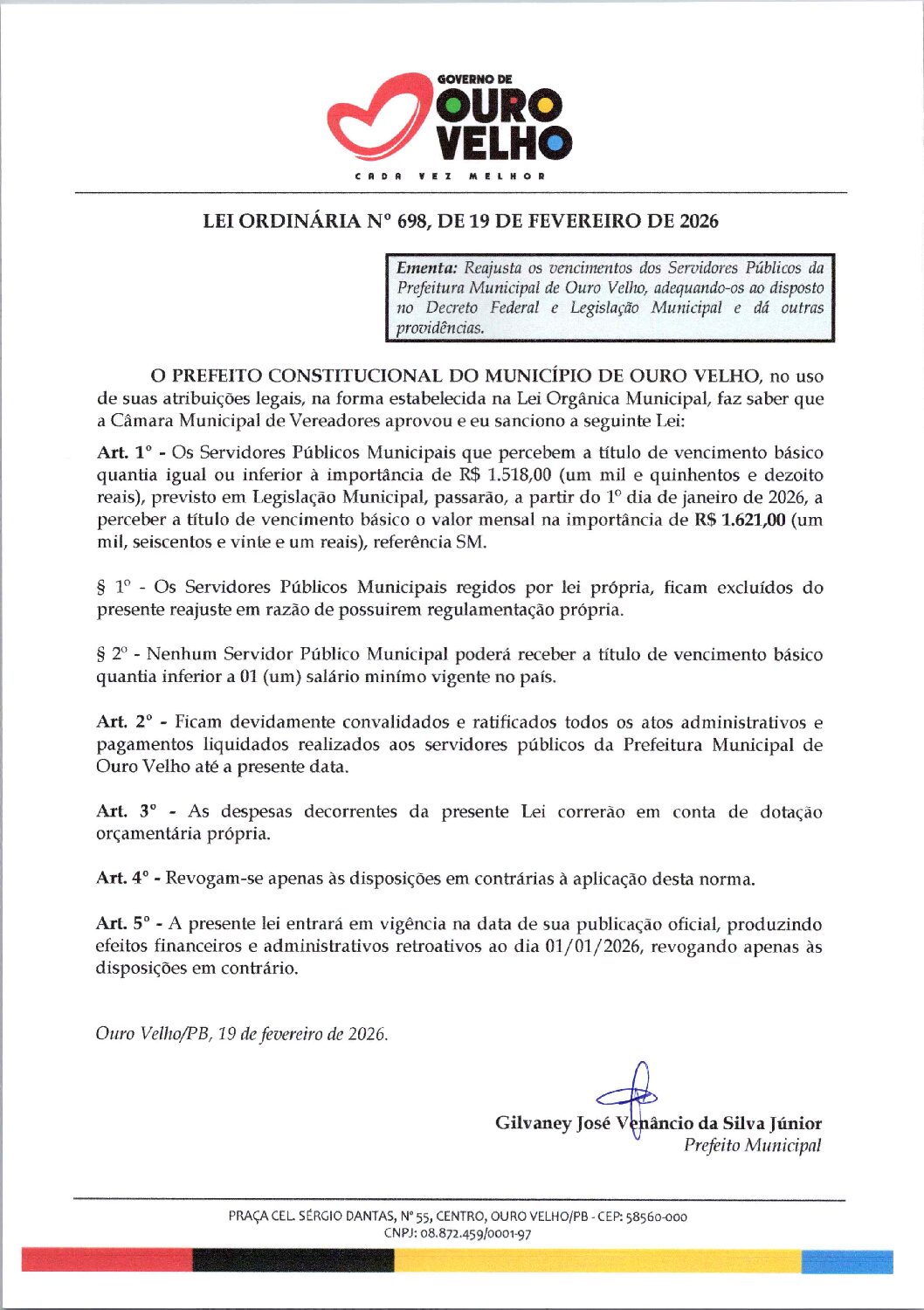Lei-Ordinária-n-698_2026-Salário-Minímo-para-Servidores-Municipais-para-o-ano-de-2026