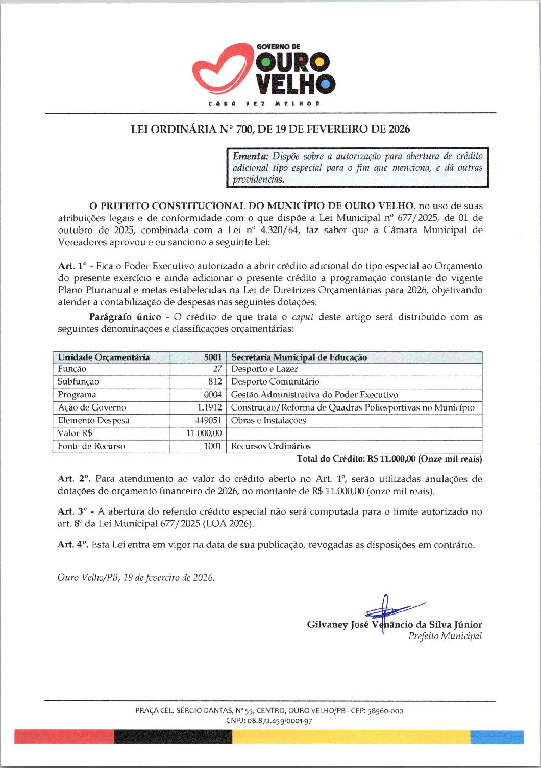 Lei-Ordinária-n-700-2026-Abertura-de-Crédito-Especial-Construção-de-Quadra-Poliesportiva-Recursos-Próprios-Sec-de-Educação