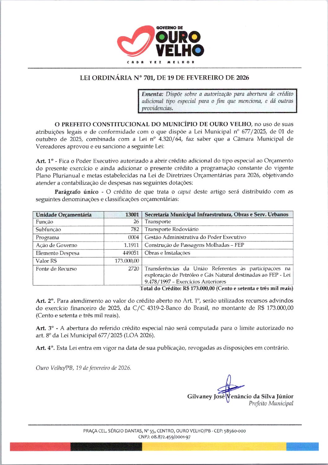 Lei-Ordinária-n-701-2026-Abertura-de-Crédito-Especial-Passagem-Molhada-Sec-Infraestrutura