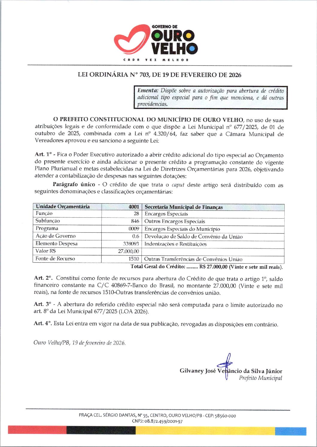 Lei-Ordinária-n-703-2026-Crédito-Especial-Devolução-Quadra-Esportiva-da-União-Sec-de-Finanças