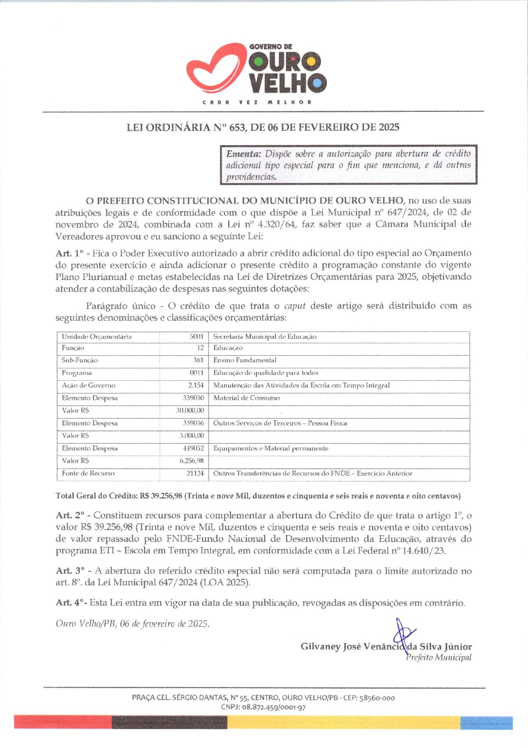 Lei Ordinária nº 653, de 06 de Fevereiro de 2025 – Abertura de Crédito Adicional Especial Educação Integral – Educação