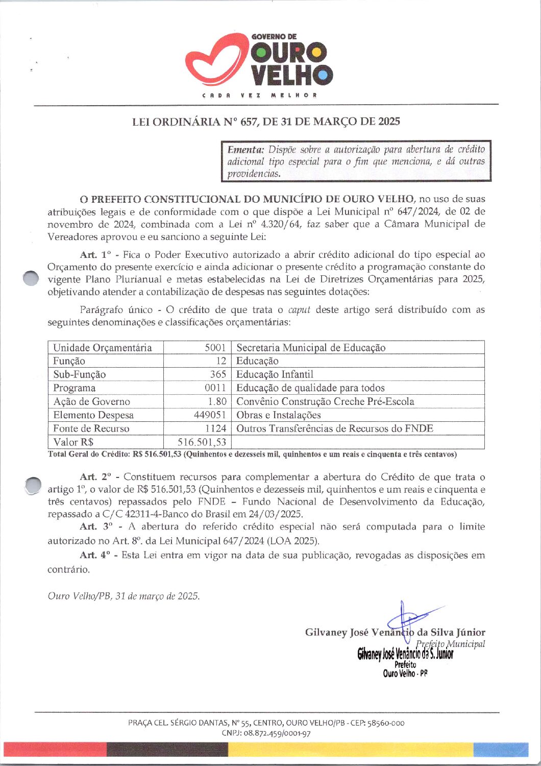 Lei Ordinária nº 657, de 31 de Março de 2025 – Abertura de Crédito Especial – Secretaria de Educação