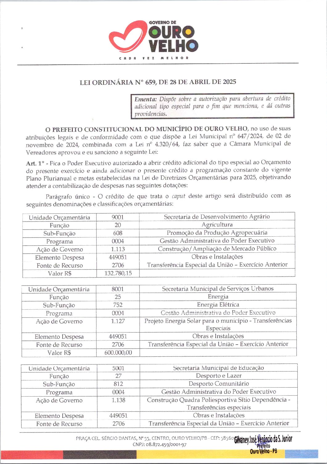 Lei Ordinária nº 659, de 28 de Abril de 2025 – Abertira de Crédito Especial – Sec. de Agricultura, Serviços Urbanos, Educação, Administração e Saude