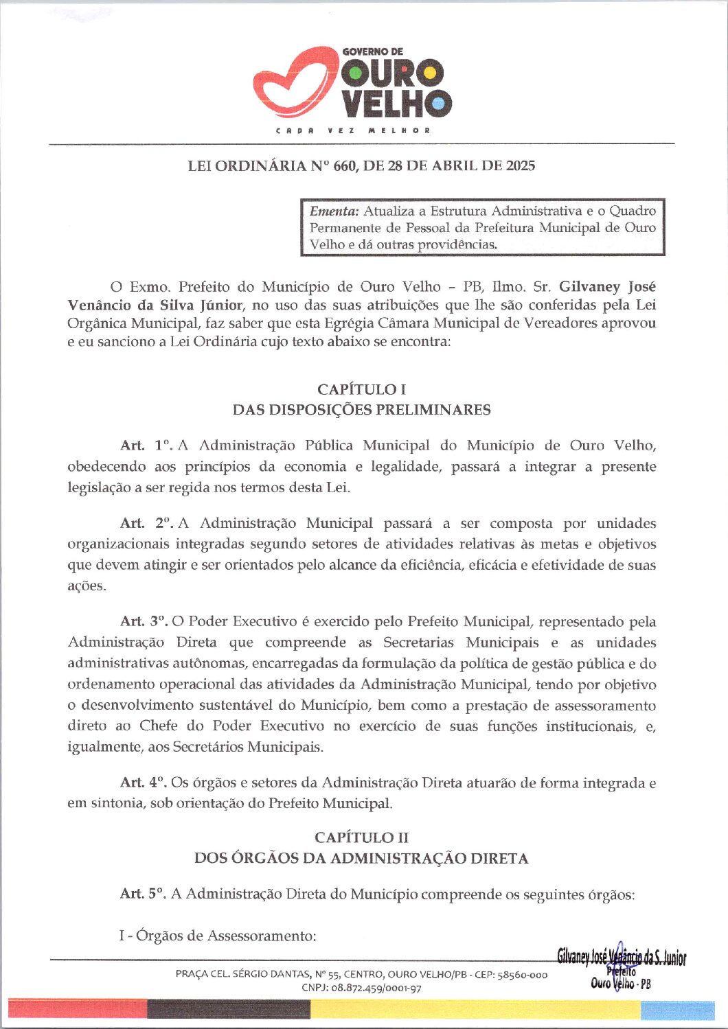Lei Ordinária nº 660, de 28 de Abril de 2025 – Atualiza a Estrutura Administrativa e o Quadro Permanente de Pessoal