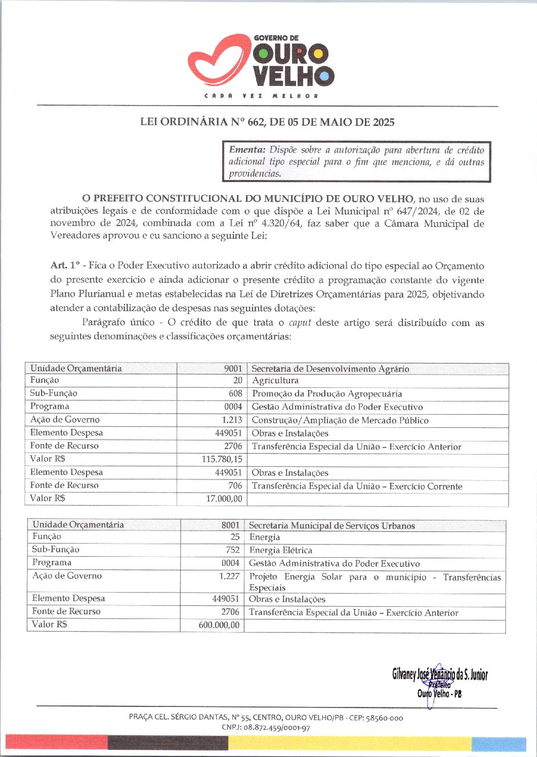 Lei Ordinária nº 662, de 05 de Maio de 2025 – Abertura de Crédito Especial – Sec. de Agricultura, Serviços Urbanos, Educação, Administração e Saude