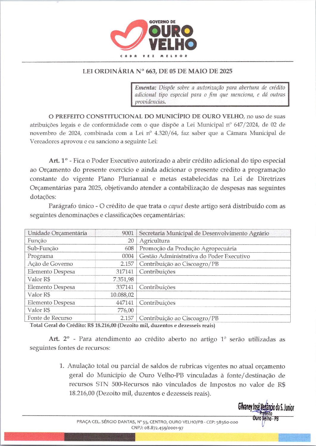 Lei Ordinária nº 663, de 05 de Maio de 2025 – Abertura de Crédito Especial – Secretaria de Agricultura