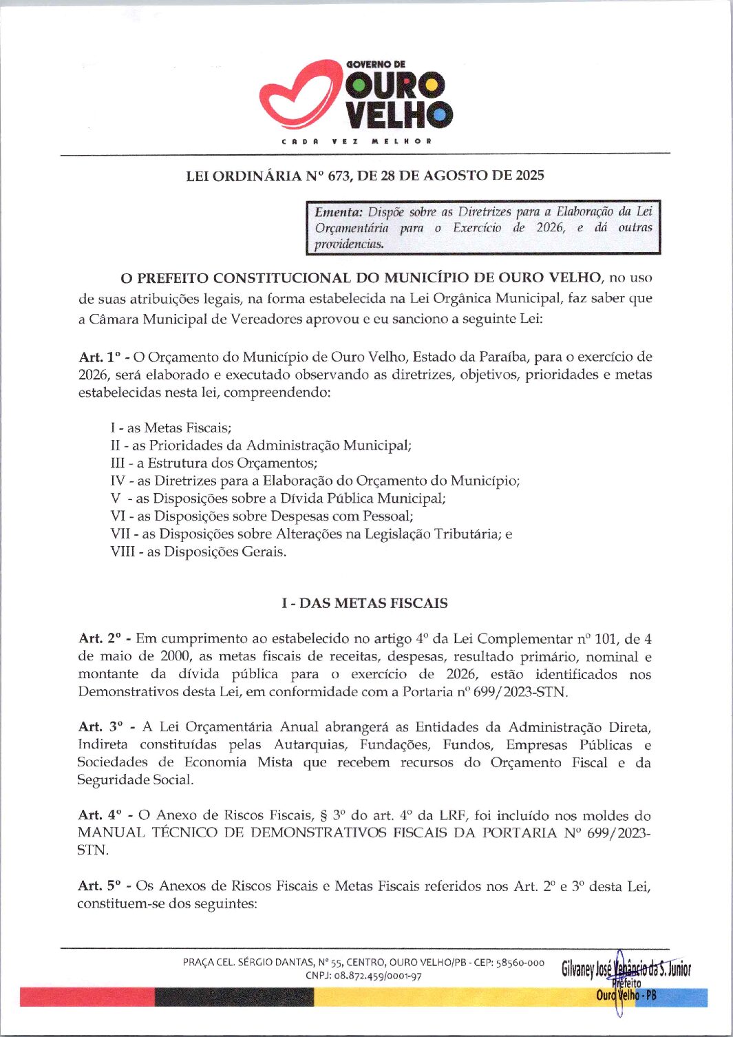 Lei Ordinária nº 673, de 28 de Agosto de 2025 – LDO para o exercício de 2026
