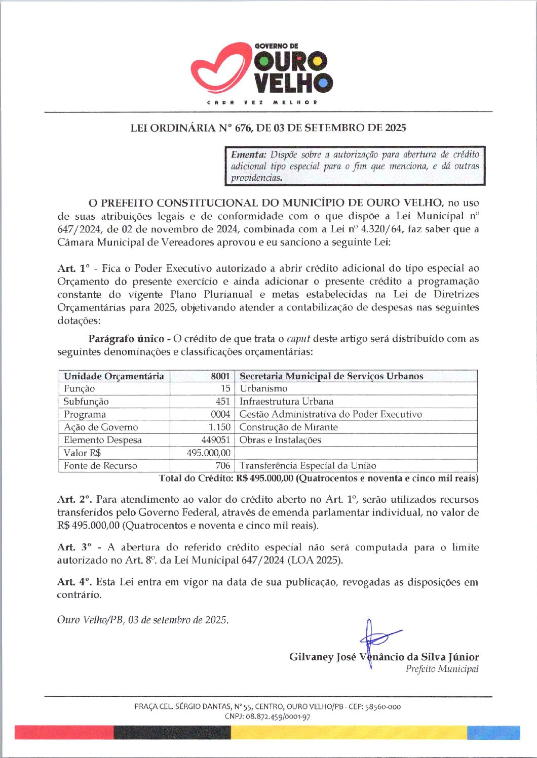 Lei Ordinária nº 676, de 03 de Setembro de 2025 – Abertura de Crédito Especial – Construção de Mirante