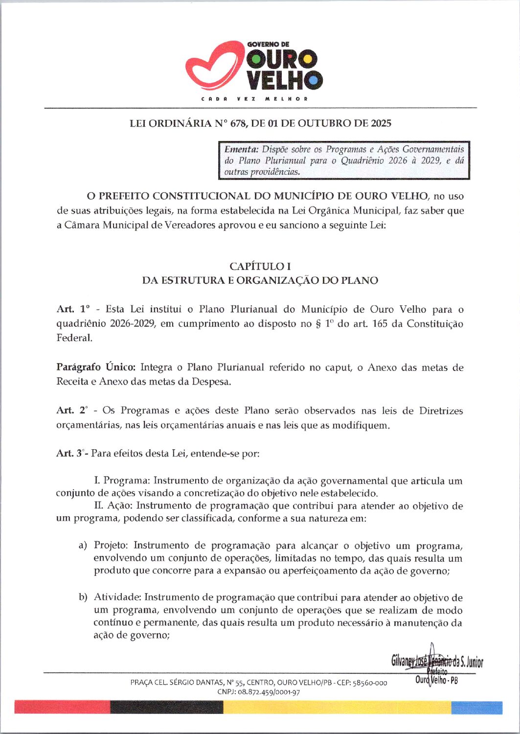 Lei Ordinária nº 678, de 01 de Outubro de 2025 – PPA  para o quadriênio 2026 à 2029