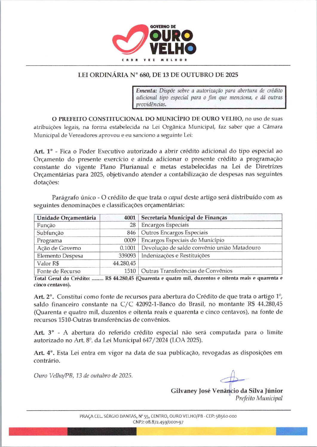 Lei Ordinária nº 680.2025 – Abertura de Crédito Especial para Devolução de Saldo – Matadouro