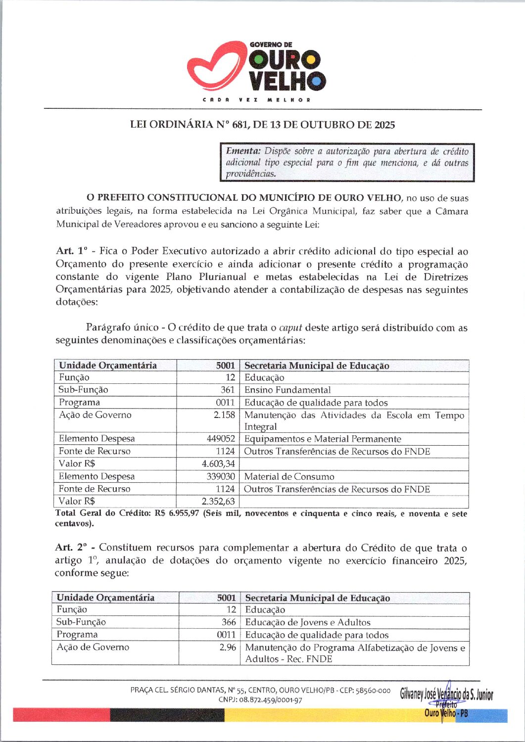Lei Ordinária nº 681.2025 – Abertura de Crédito Adicional Especial Educação Integral