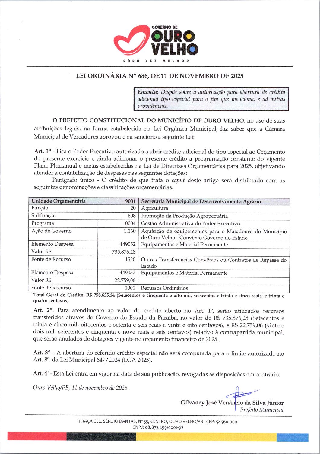 Lei Ordinária nº 686.2025 – Abertura de Crédito Especial – Equipamentos Matadouro Público