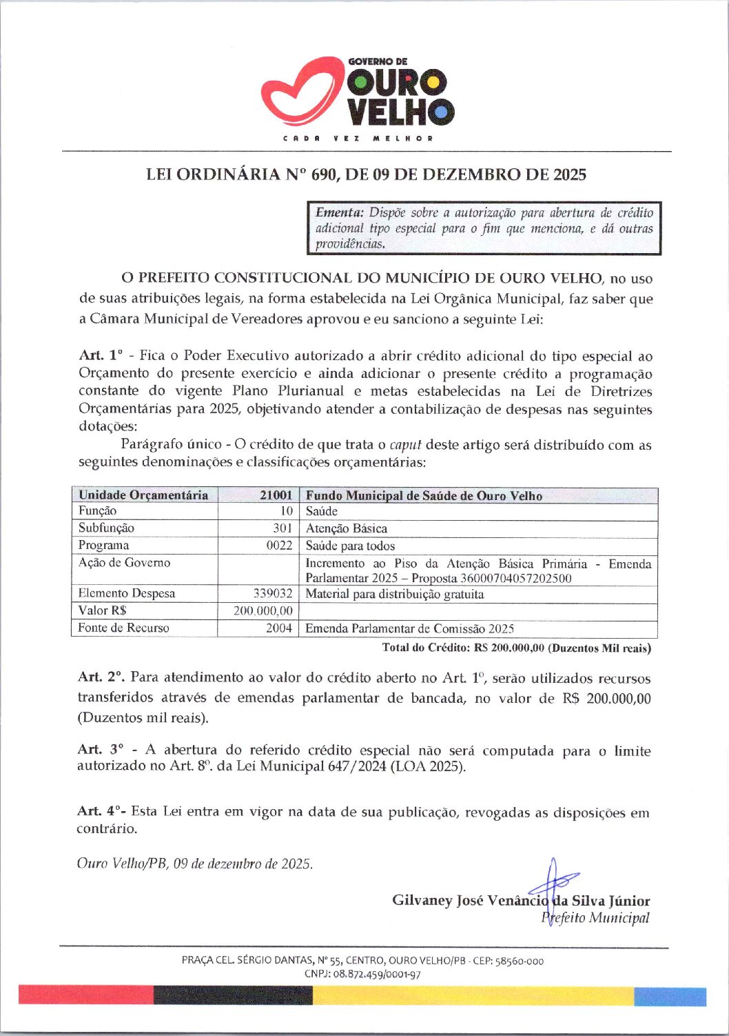 Lei Ordinária nº 690.2025 – Correção de Crédito Especial – Emenda Parlamentar – Atenção Primária – Saude
