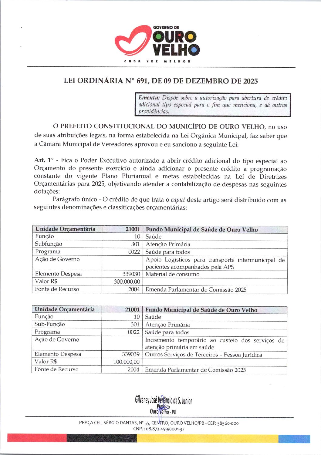Lei Ordinária nº 691.2025 – Correção de Crédito Especial – Emenda Parlamentar – Atenção Primária – Saúde
