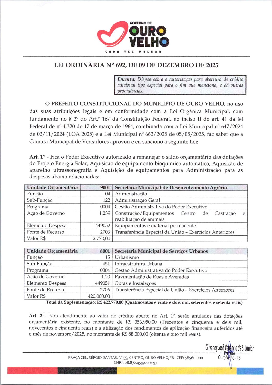 Lei Ordinária nº 692.2025 – Abertura de Crédito Especial Remanejamento Calçamento e Equipamentos do Centro de Zoonoses – Secretaria de Desenvolvimento Agrário