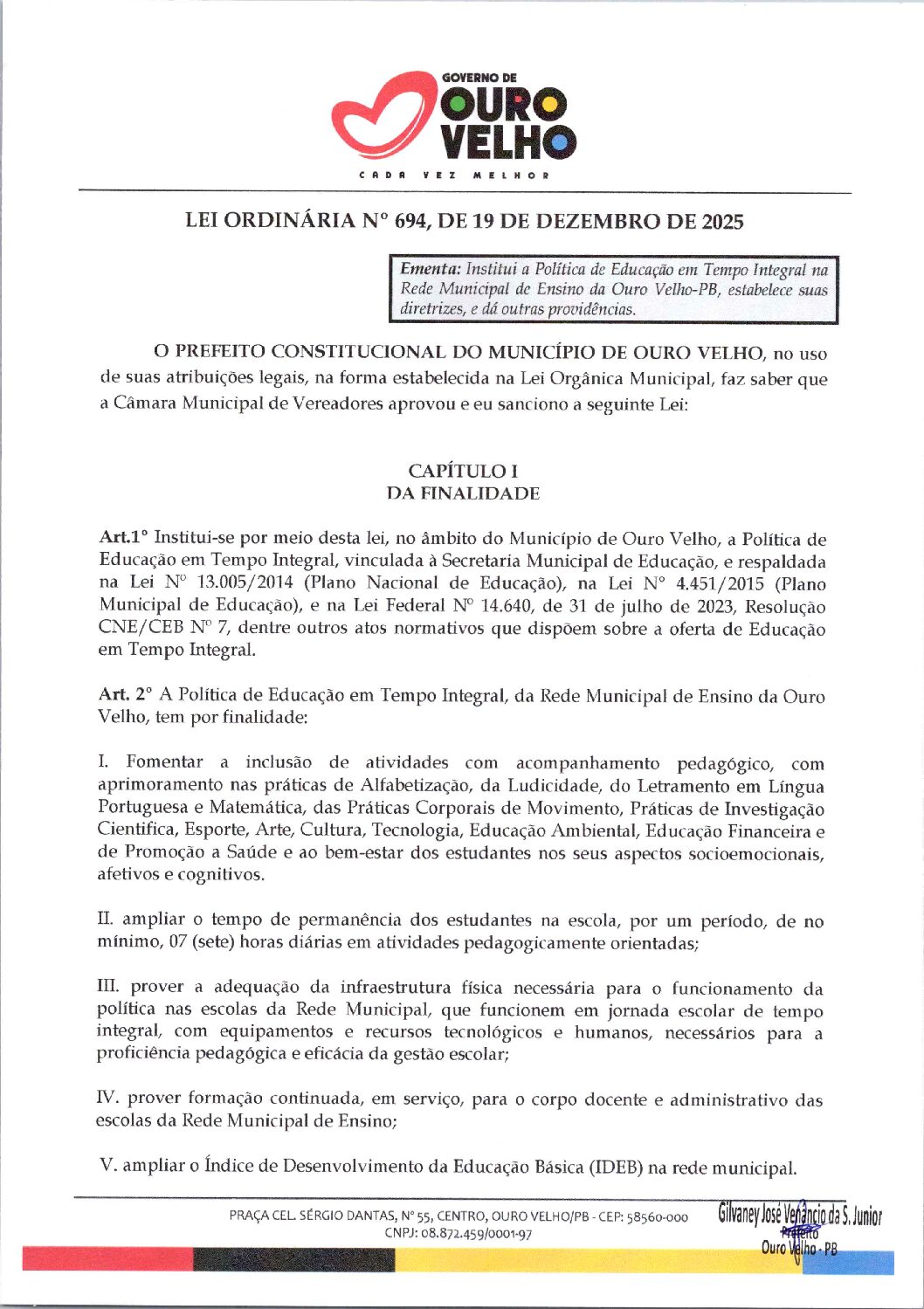 Lei Ordinária nº 694.2025 – Lei das Escolas em Tempo Integral