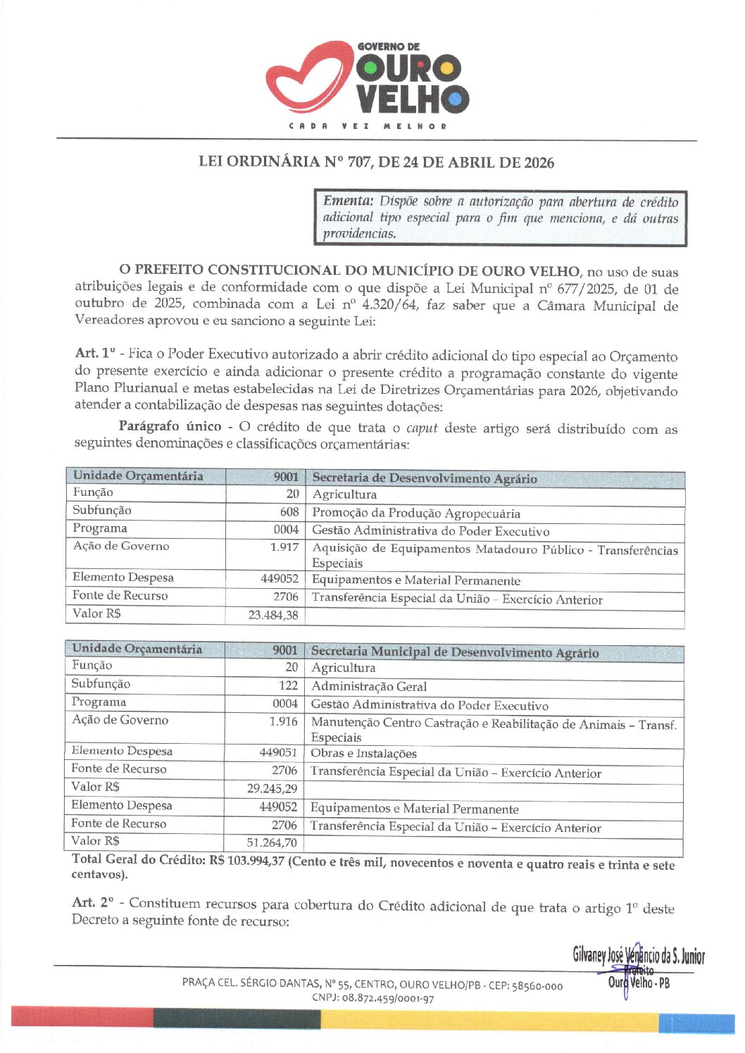 Lei Ordinária nº 707.2026 – Abertura de Crédito EspeciaL Centro Zoonoses e Equipamentos do Matadouro