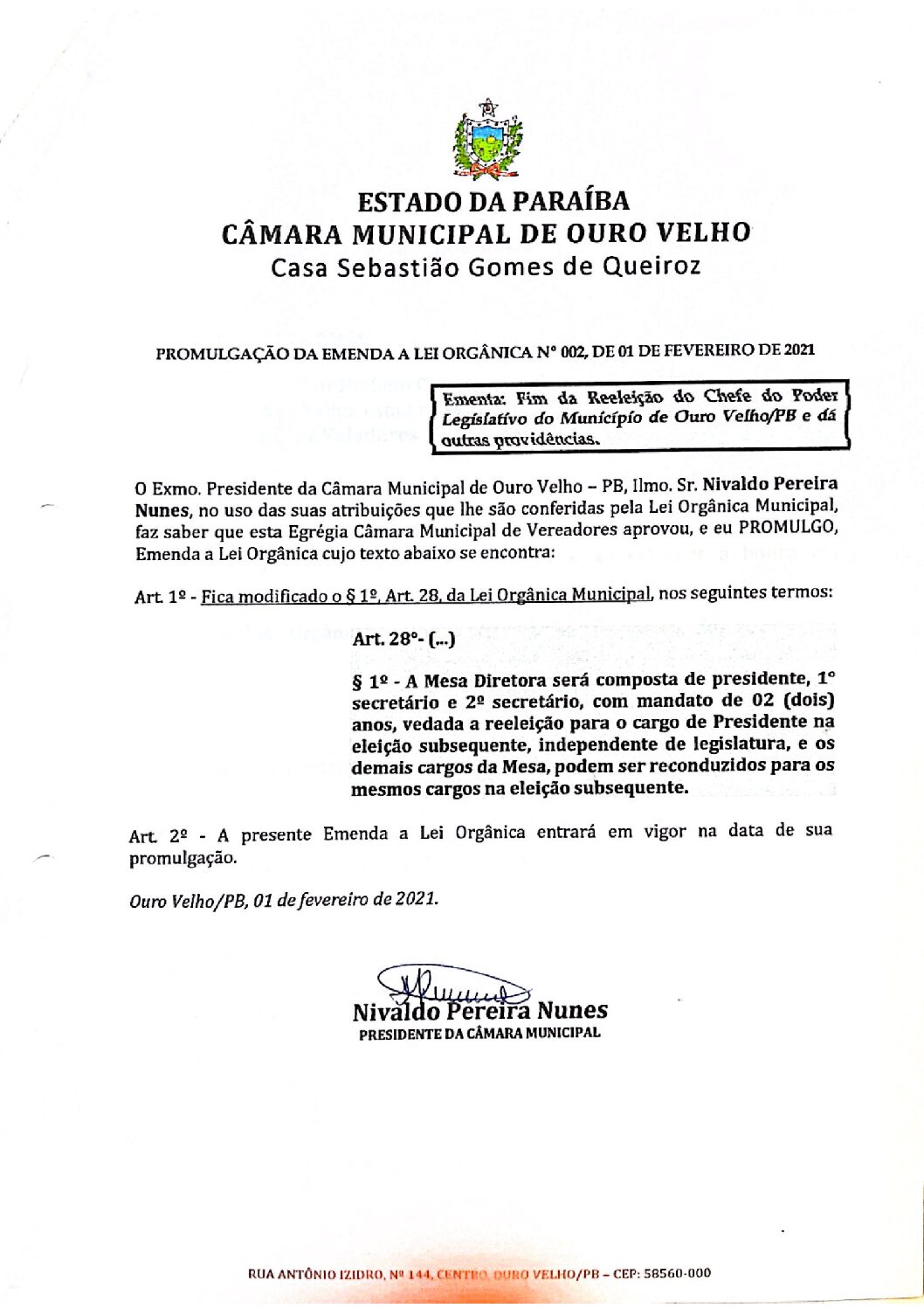 EMENDA PROMULGADA Nº 002.2021, DE 01 DE FEVEREIRO DE 2021