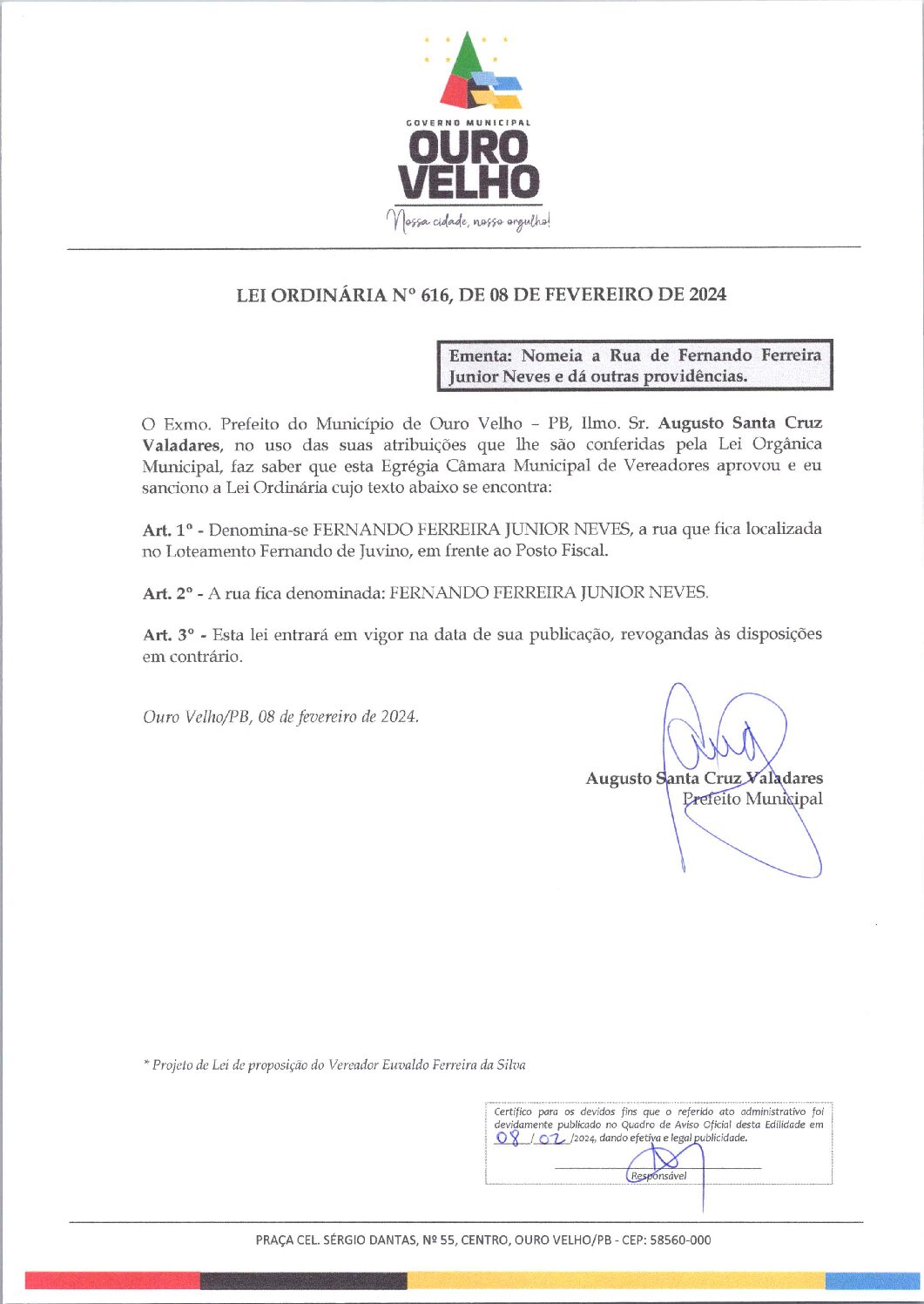 LEI ORDINÁRIA Nº 616, DE 08 DE FEVEREIRO DE 2024