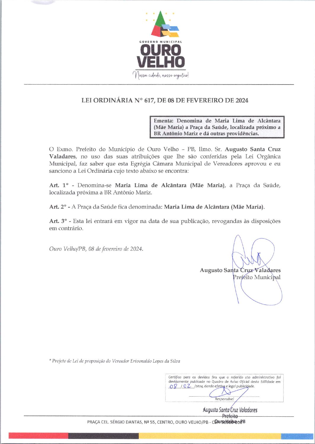 LEI ORDINÁRIA Nº 617, DE 08 DE FEVEREIRO DE 2024