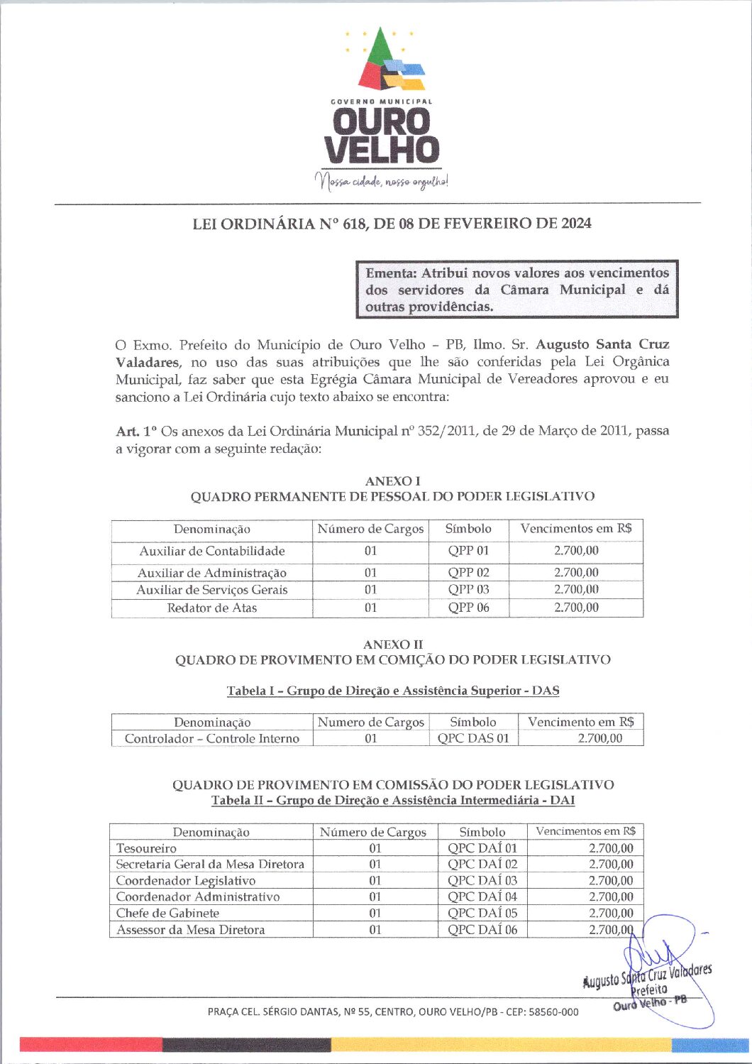 LEI ORDINÁRIA Nº 618, DE 08 DE FEVEREIRO DE 2024