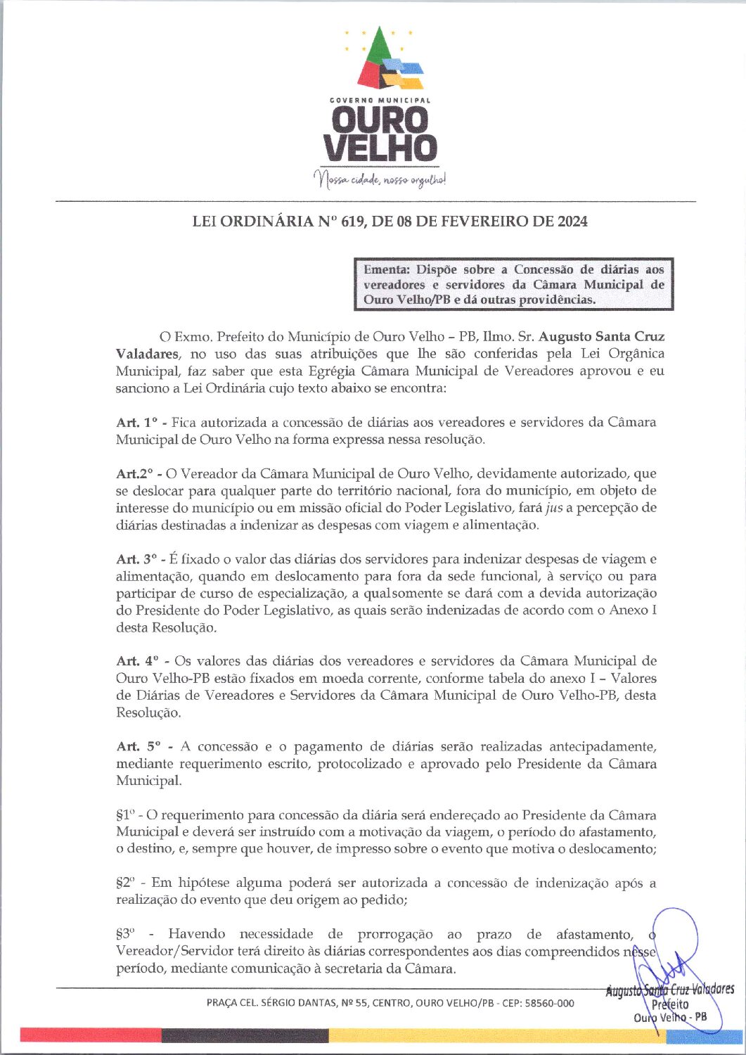 LEI ORDINÁRIA Nº 619, DE 08 DE FEVEREIRO DE 2024