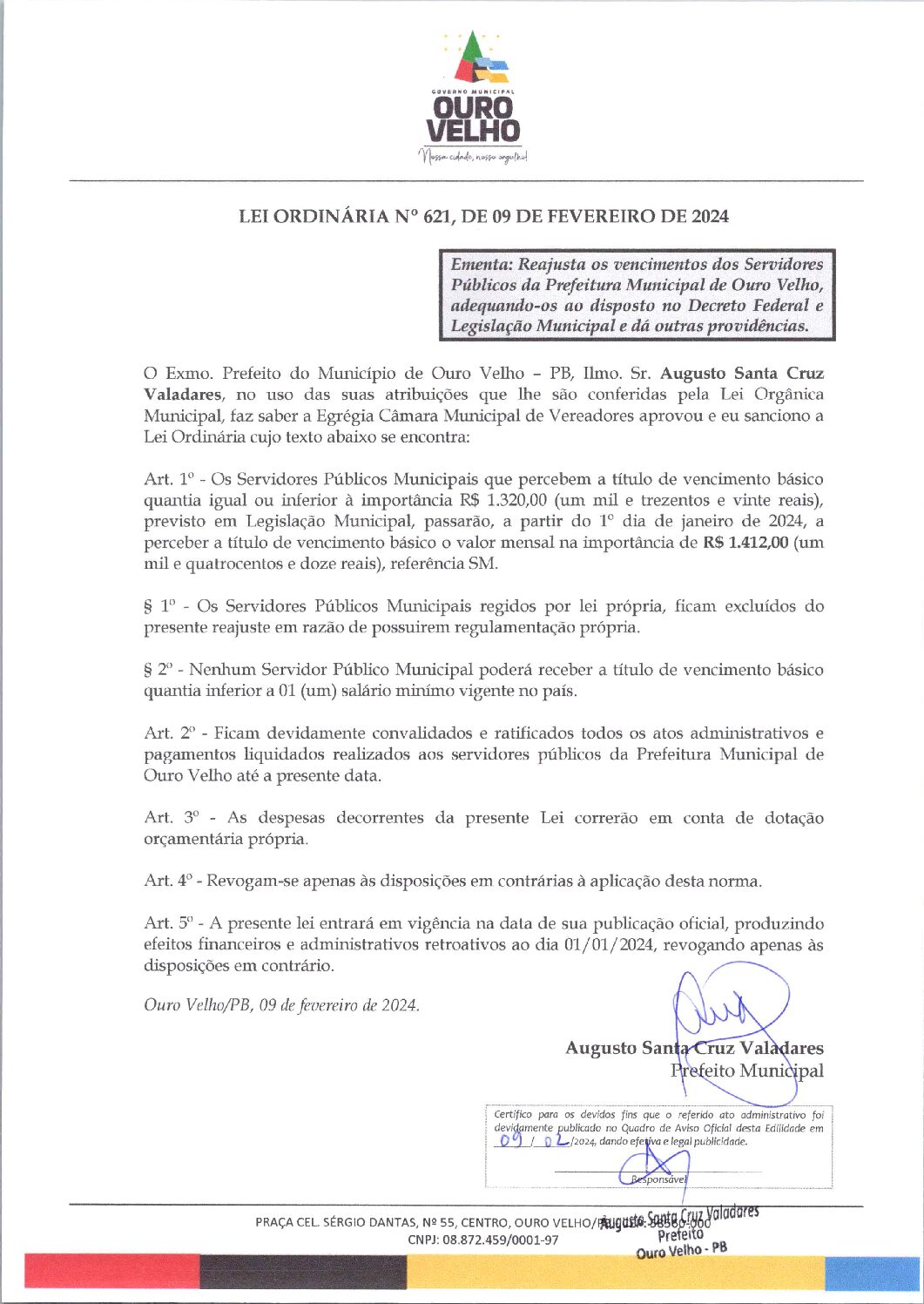 LEI ORDINÁRIA Nº 621, DE 09 DE FEVEREIRO DE 2024