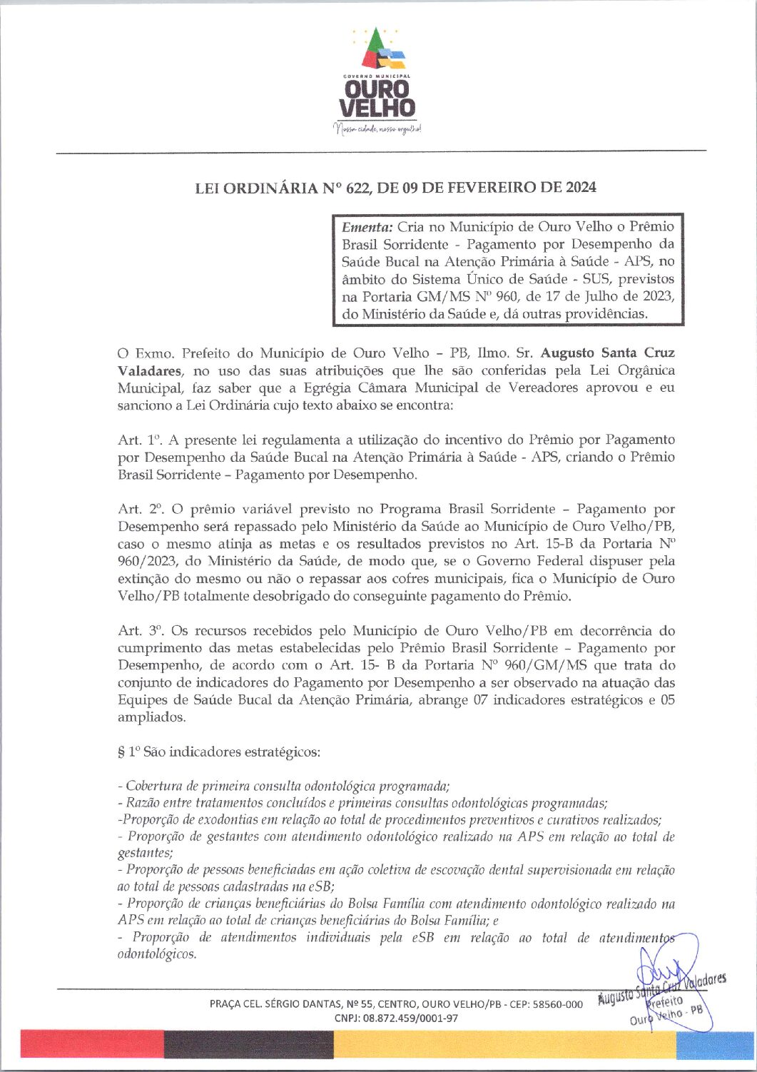 LEI ORDINÁRIA Nº 622, DE 09 DE FEVEREIRO DE 2024