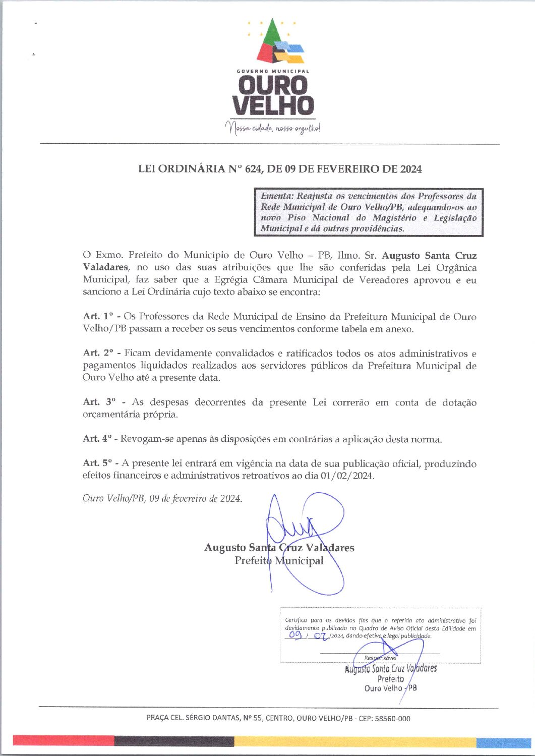 LEI ORDINÁRIA Nº 624, DE 09 DE FEVEREIRO DE 2024