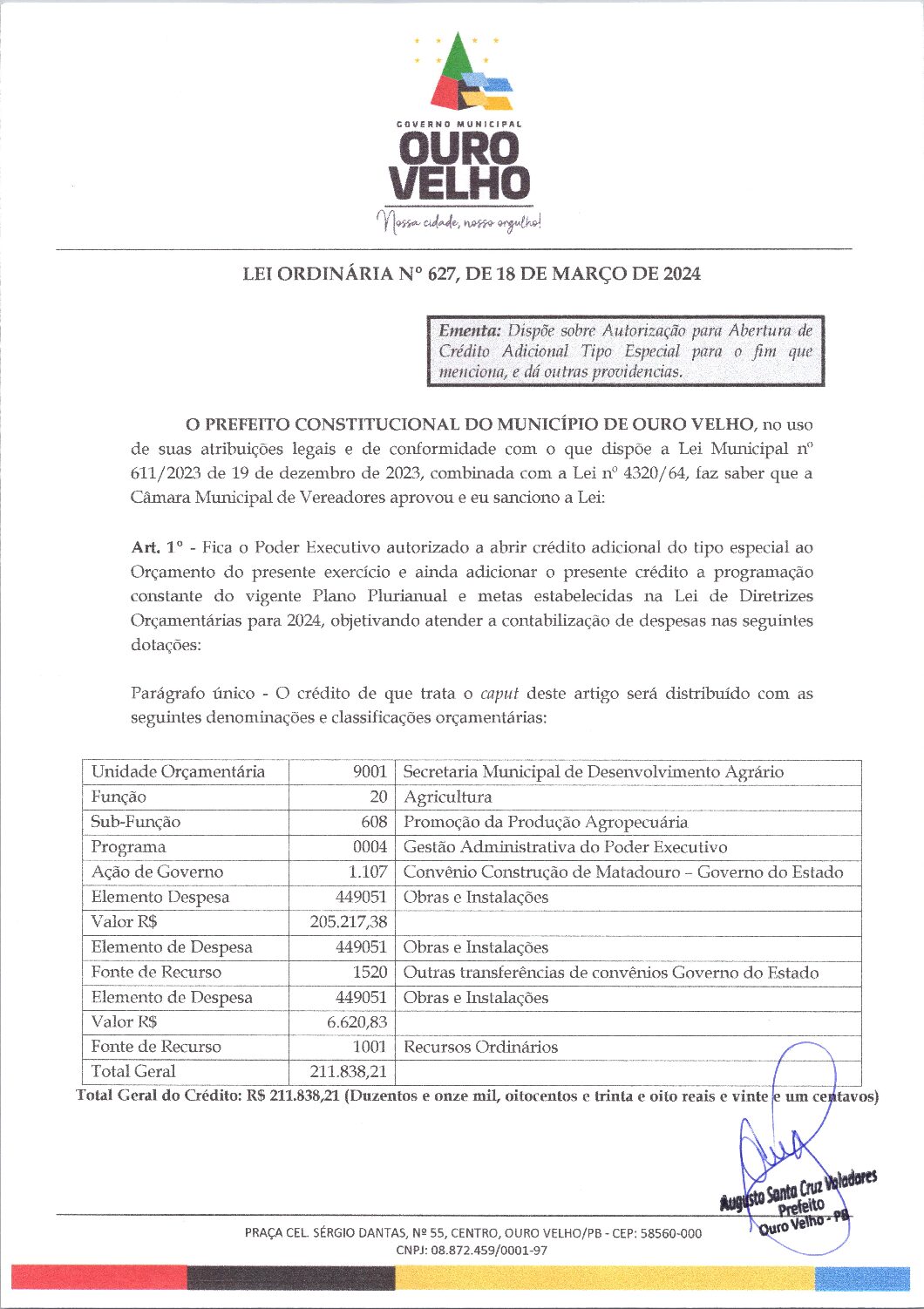 LEI ORDINÁRIA Nº 627, DE 18 DE MARÇO DE 2024