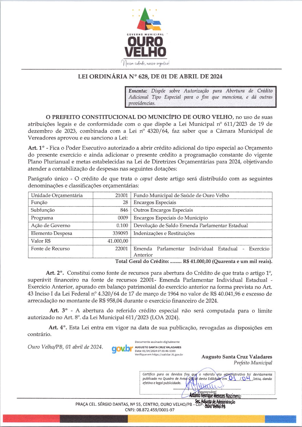 LEI ORDINÁRIA Nº 628, DE 01 DE ABRIL DE 2024