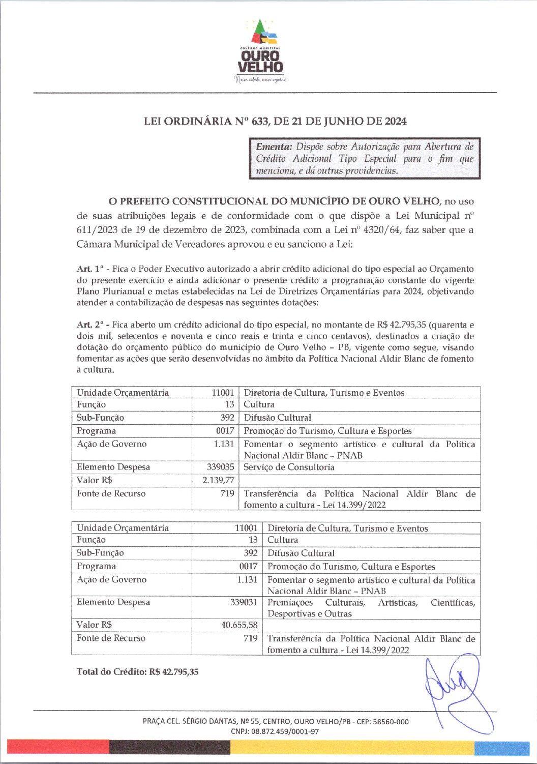 LEI ORDINÁRIA Nº 633, DE 21 DE JUNHO DE 2024