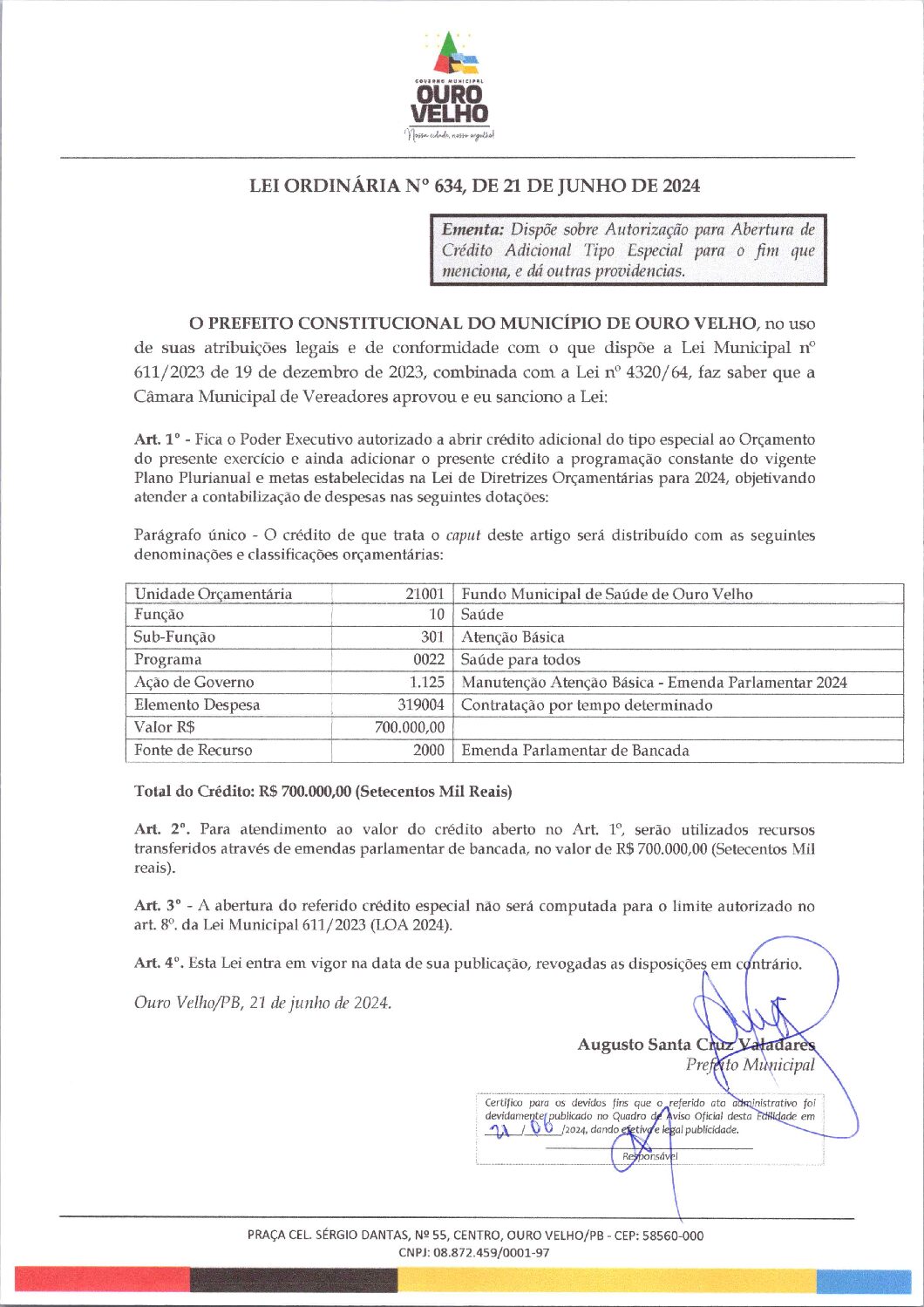 LEI ORDINÁRIA Nº 634, DE 21 DE JUNHO DE 2024
