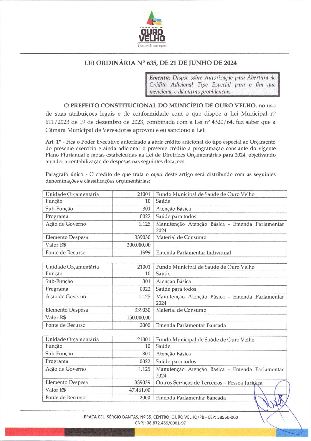 LEI ORDINÁRIA Nº 635, DE 21 DE JUNHO DE 2024