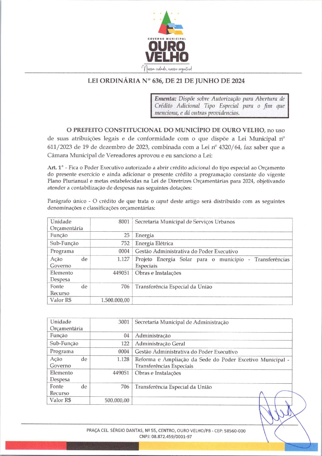 LEI ORDINÁRIA Nº 636, DE 21 DE JUNHO DE 2024