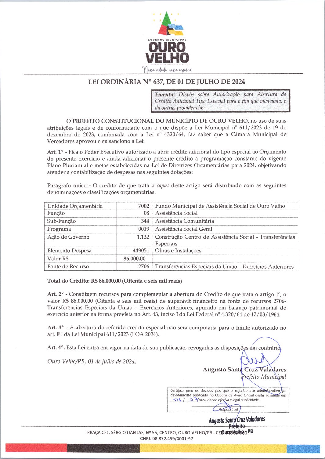 LEI ORDINÁRIA Nº 637, DE 01 DE JULHO DE 2024