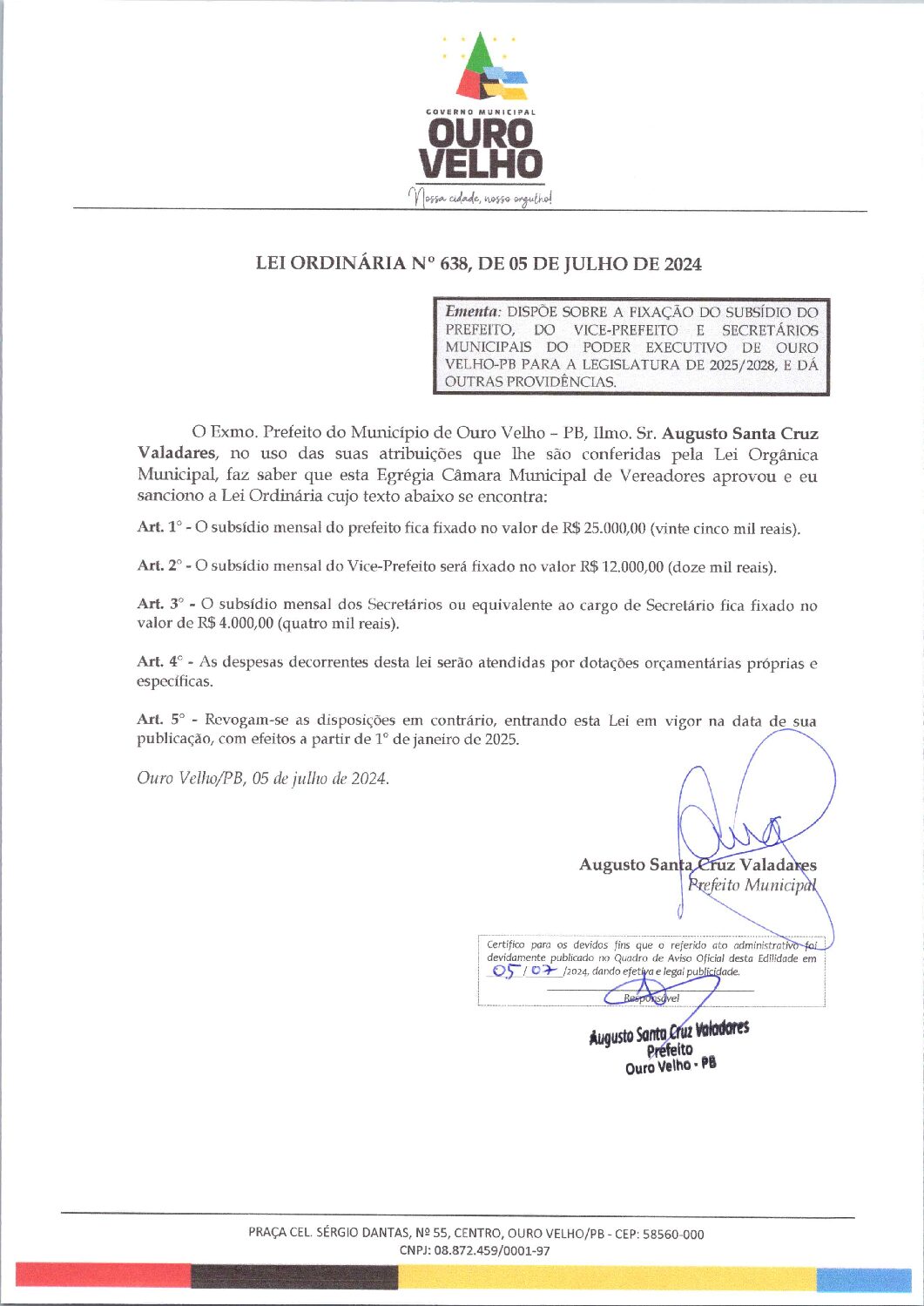 LEI ORDINÁRIA Nº 638, DE 05 DE JULHO DE 2024