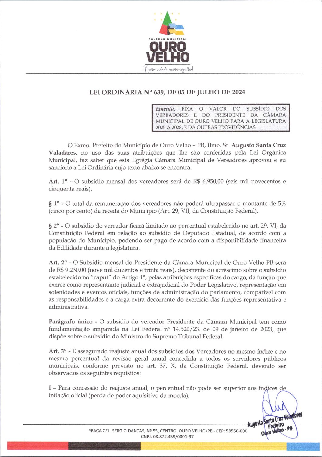 LEI ORDINÁRIA Nº 639, DE 05 DE JULHO DE 2024