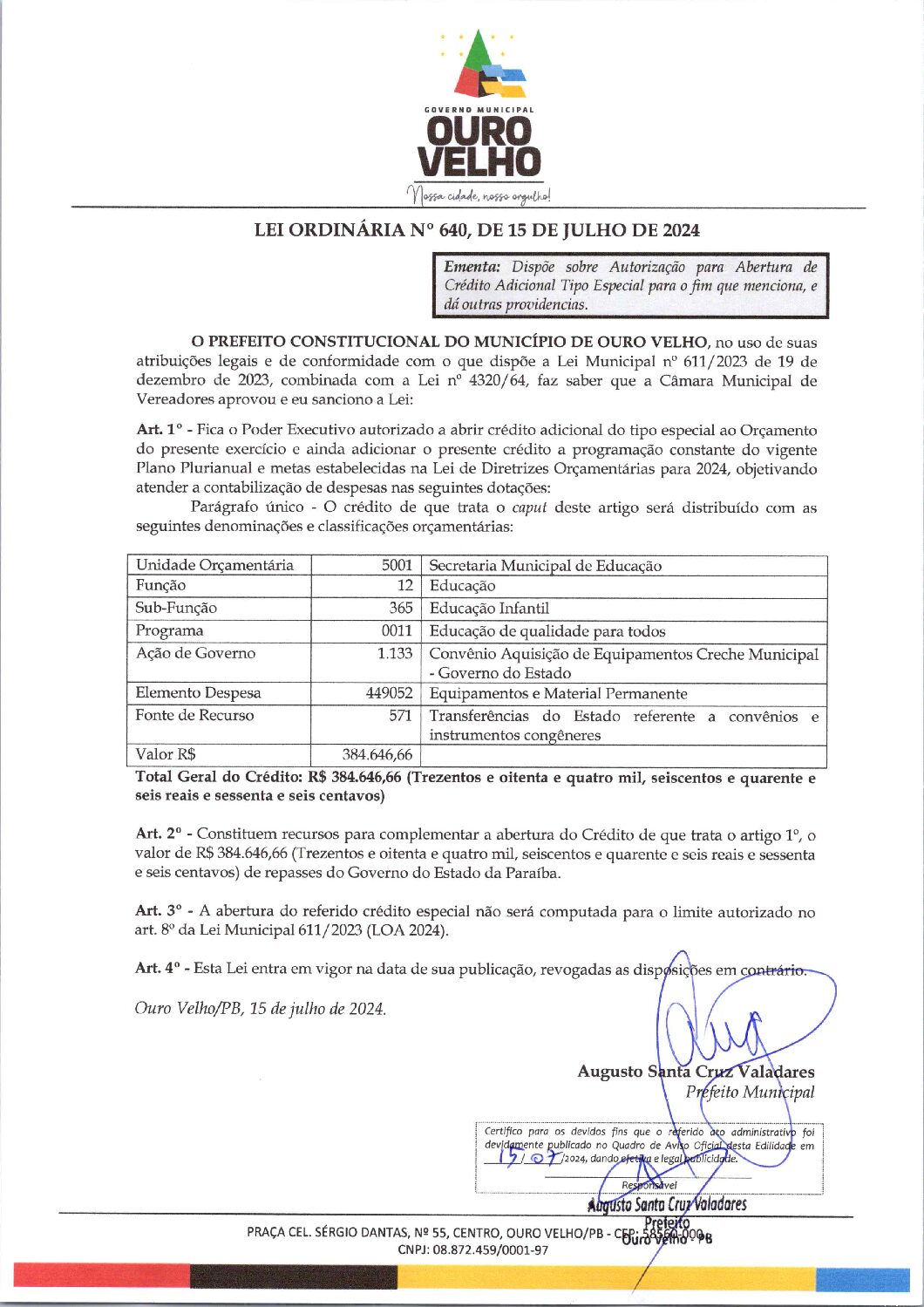 LEI ORDINÁRIA Nº 640, DE 15 DE JULHO DE 2024