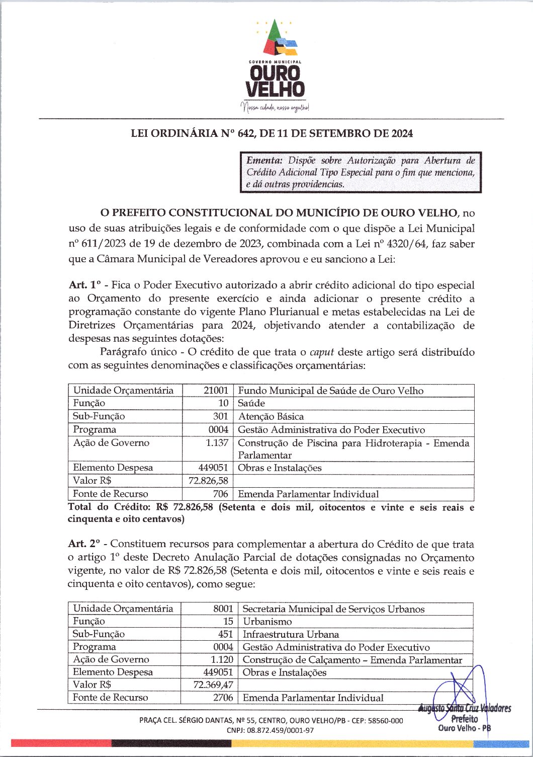 LEI ORDINÁRIA Nº 642, DE 11 DE SETEMBRO DE 2024