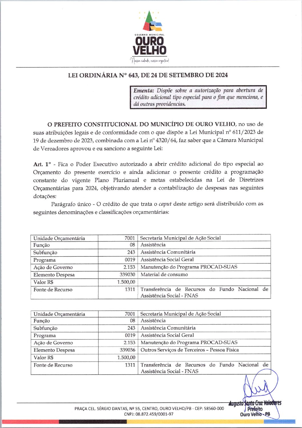 LEI ORDINÁRIA Nº 643, DE 24 DE SETEMBRO DE 2024