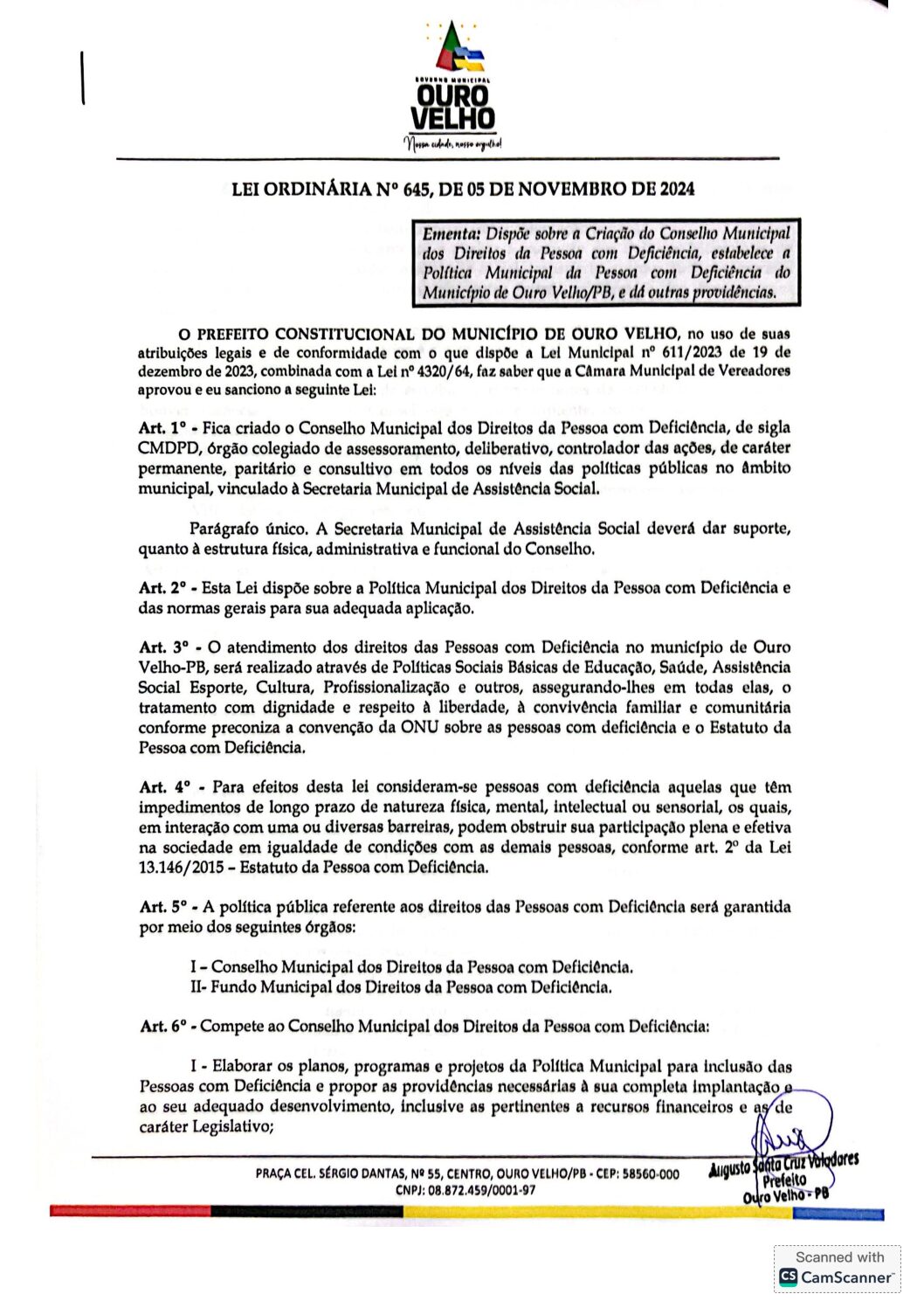LEI ORDINÁRIA Nº 645, DE 05 DE NOVEMBRO DE 2024