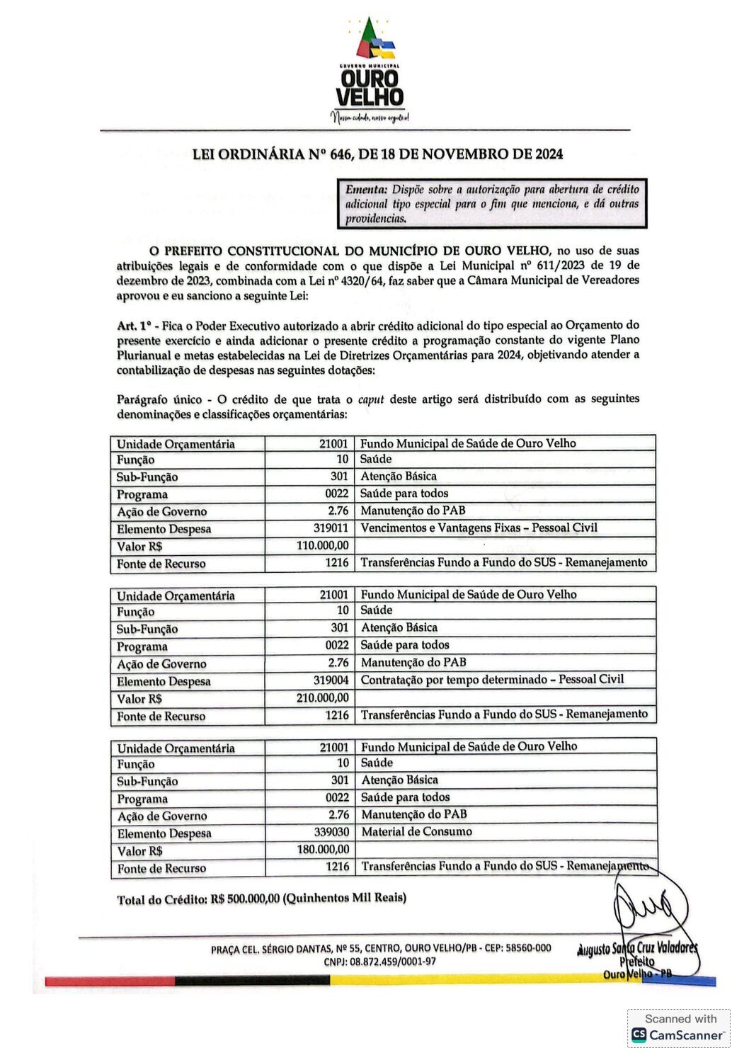 LEI ORDINÁRIA Nº 646, DE 18 DE NOVEMBRO DE 2024