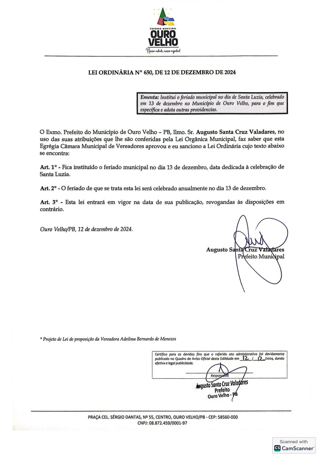 LEI ORDINÁRIA Nº 650, DE 12 DE DEZEMBRO DE 2024