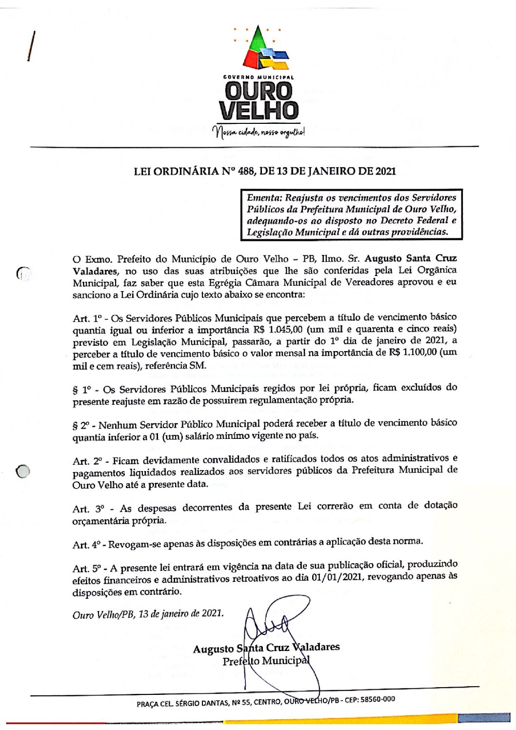 LEI ORDINÁRIA N° 488, DE 13 DE JANEIRO DE 2021