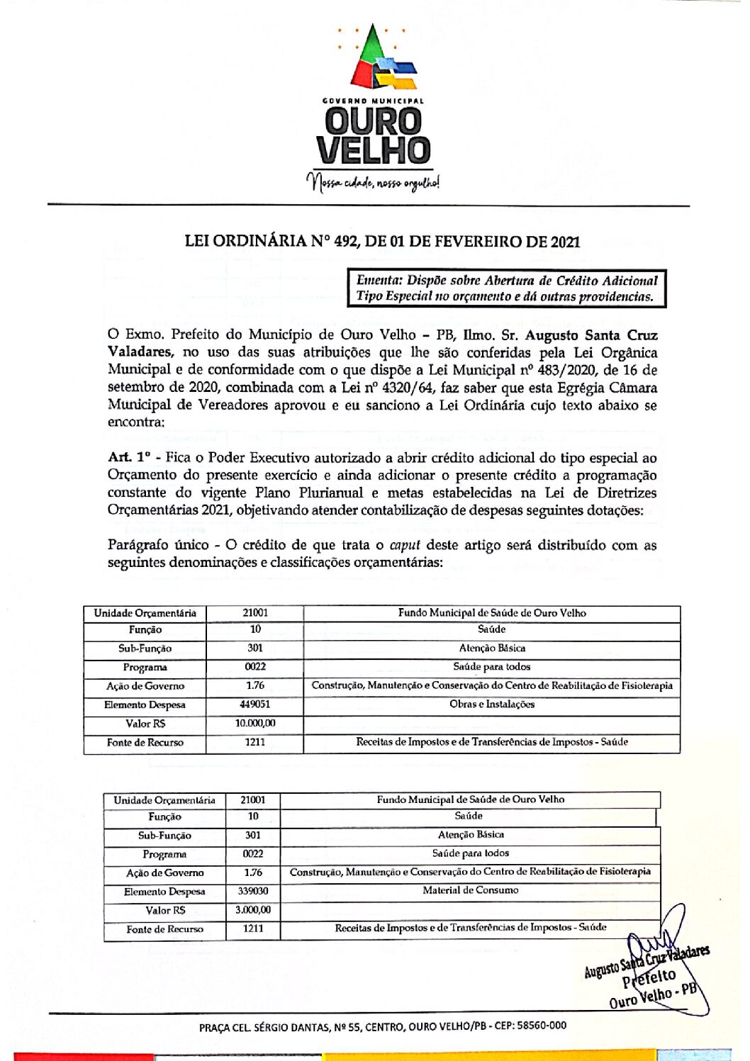 LEI ORDINÁRIA N° 492, DE 01 DE FEVEREIRO DE 2021